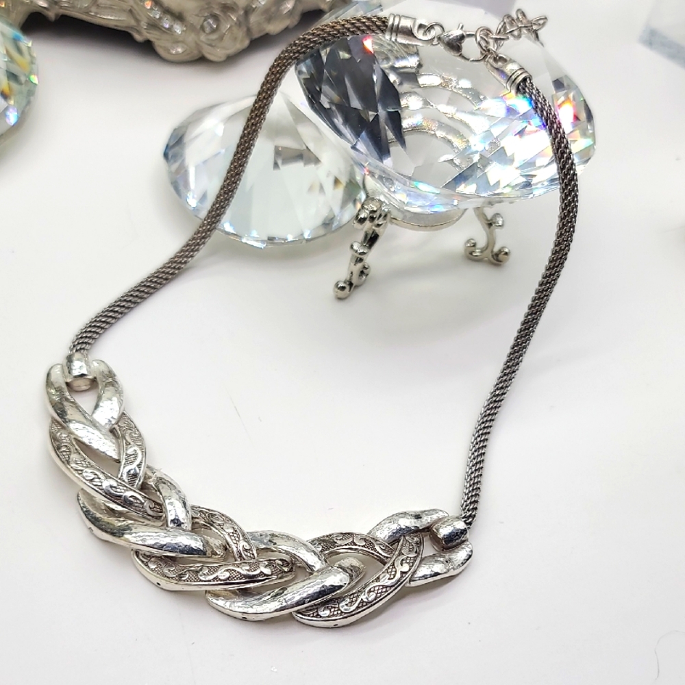 $88 Brighton "VENETIAN CANALS" Etched Braided Silver Collar Neck w Mesh Chain!